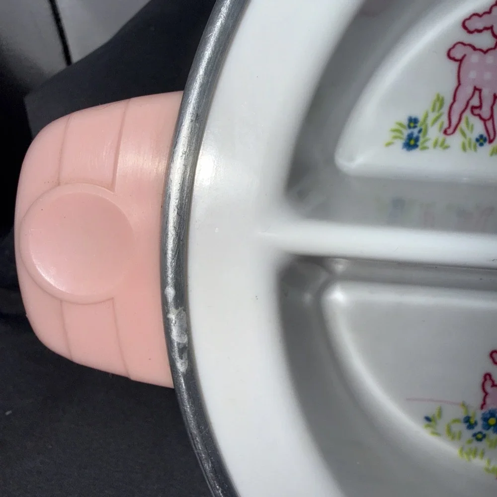 Vintage Pink Divided Dish Baby Warmer Warming Food Plate Handles Lamb Bo Peep